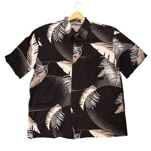 Alan Stuart Button Up Shirt Mens XL Black Vintage Tropical Palm Leaf Print